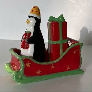 Penguin Salt & Pepper Sleigh Present Shakers 3 Piece Ceramic EUC Christmas Russ